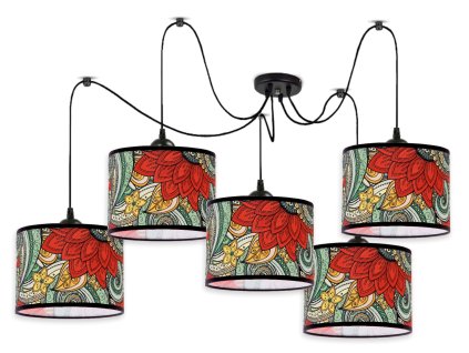 Luster Boho Fiesta – päťramenné svietidlo s farebnými kvetinovými tienidlami