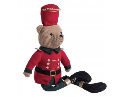 Vianočný medvedík v červenom kabáte so zlatými gombíkmi a vysokou čiapkou – textilná dekorácia 46 cm