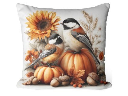 Jesenná obliečka Vtáčiky a tekvice – slnečnicový motív s prírodnými detailmi 40x40 cm