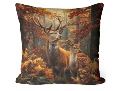 Jesenná obliečka na vankúš 40x40 cm – majestátny jeleň a srnček v jesennom lese