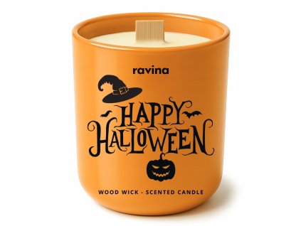Sójová sviečka Happy Halloween v oranžovom skle – vôňa tekvicového koláča s dreveným knôtom
