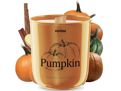 Sójová sviečka Pumpkin Spice – vôňa tekvicového koláča s korením, oranžové sklo a drevený knôt