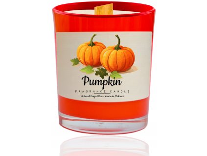Sójová sviečka Pumpkin Garden v červenom skle – detail etikety s tekvicami