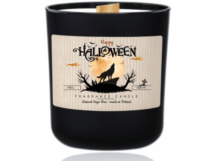 Sójová sviečka Halloween Moon – detail etikety s vlkom a mesačným motívom na čiernom skle