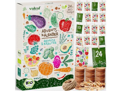 Adventný kalendár Bio zelenina a bylinky – 24 semienok s kokosovými tabletami na výsev