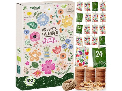 Adventný kalendár Bio farebné kvety – 24 semienok kvetov s kokosovými tabletami a štipcami na aranžovanie