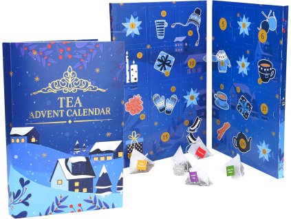 Adventný kalendár s čajom Spetebo – 24 vrecúšok v 6 príchutiach v modrom zimnom balení