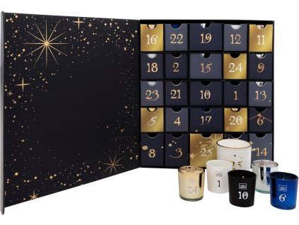 Luxusný adventný kalendár – 25 vonných sviečok v skle v číslovaných zásuvkách