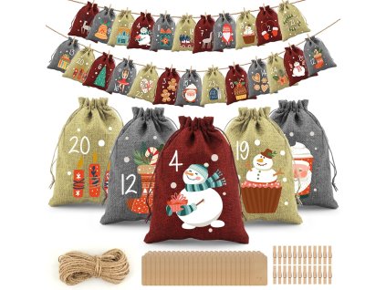 Adventný kalendár – jutové vrecúška so špagátom a štipcami na zavesenie