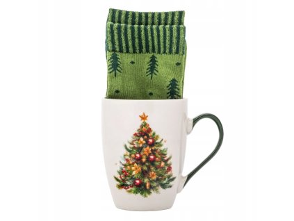 Vianočný set hrnček a ponožky so stromčekovým motívom – darčekový set Hrejivé Vianoce