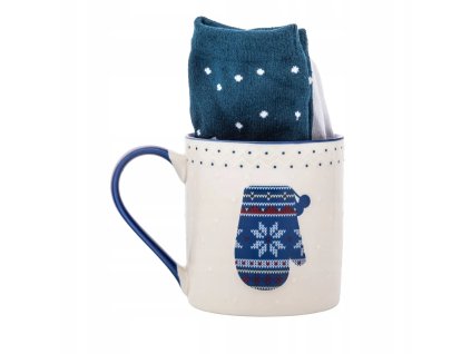 Vianočný set – hrnček s modrou rukavicou a ponožky so sobíkmi, ideálny ako darček
