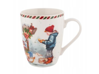 Porcelánový hrnček s vianočným motívom chlapca, darčekov a poštovej schránky – ideálny na zimné čaje a kakao