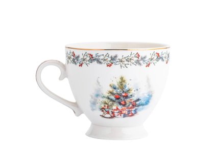 Porcelánová šálka Zimná harmónia – vianočný motív stromčeka s darčekmi, jemný veniec z vetvičiek a bobúľ, 400 ml