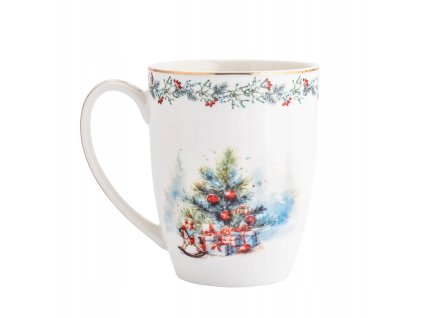 Vianočný porcelánový hrnček Zimná harmónia – elegantný hrnček s motívom vianočného stromčeka, darčekov a jemného zlatého lemu, 350 ml