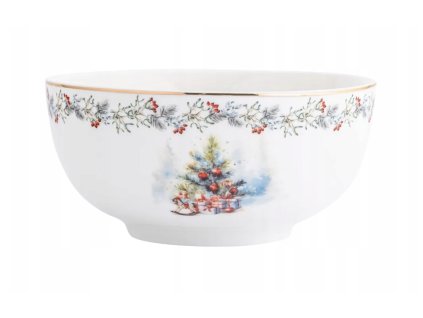 Vianočná porcelánová miska Zimná harmónia – miska s motívom vianočného stromčeka, vetvičiek a červených bobúľ so zlatým lemom, 600 ml