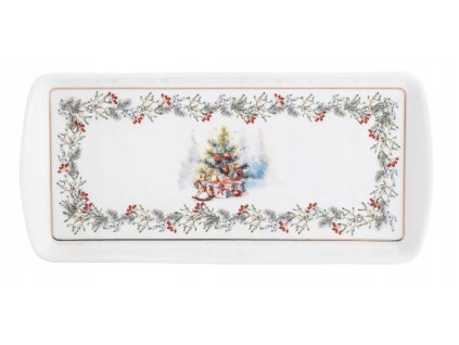 Vianočný porcelánový podnos Zimná harmónia – obdĺžnikový tanier so zlatým lemom, vetvičkami a stromčekom uprostred, ideálny na zákusky alebo predjedlá, 27×13 cm