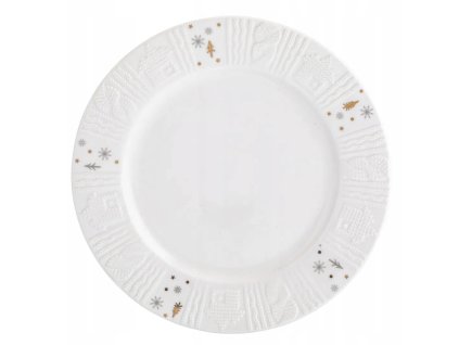 Porcelánový dezertný tanier Zimný lesk s reliéfnym vzorom svetra a zlatými vločkami – priemer 20 cm