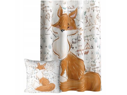 Detské závesy s motívom hravej líštičky a vankúšikom s lesnou témou – polotieniace prevedenie v teplých oranžových tónoch