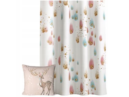 Detské závesy s motívom pastelových kvapiek so zlatým efektom a vankúšikom s jemným jelienkom – polotieniace prevedenie