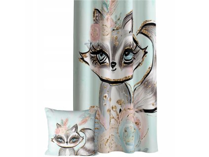 Detské závesy s motívom sivej mačičky s kvetinovým vencom a vankúšikom v rovnakom dizajne – polotieniace prevedenie