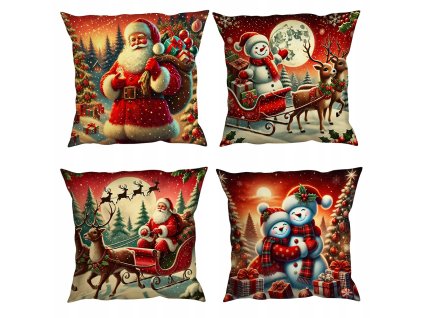 Sada vianočných obliečok 40×40 cm – štyri motívy: Santa so sobmi, Santa s darčekmi, snehuliak na saniach a objímajúci sa snehuliaci