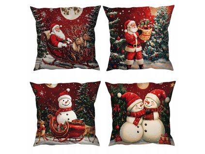 Sada vianočných obliečok 40×40 cm – štyri motívy: Santa na saniach, Santa s darčekmi, snehuliak na saniach a dvojica snehuliakov