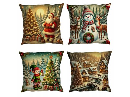 Sada vianočných obliečok 40×40 cm – štyri motívy: Santa, snehuliak, elf a zimná dedinka