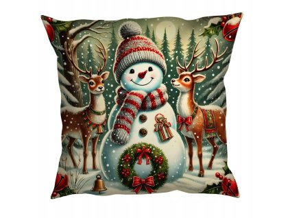 Vianočná obliečka so snehuliakom a sobmi – elegantný motív 40x40 cm
