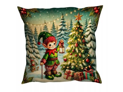 Vianočná obliečka so škriatkom pri stromčeku a darčekmi – sviatočný motív 40x40 cm