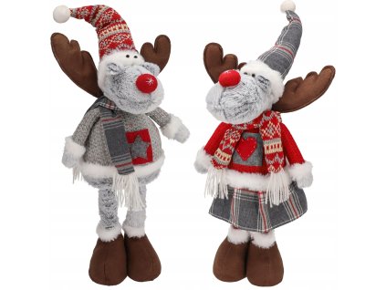 Pár vianočných sobov s hnedými parohmi, textilnými čiapkami a šálmi – dekorácia na teleskopických nohách 60 cm