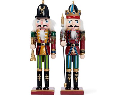 Vianoční luskáčikovia – kráľ s kopijou a trúbkar, sada 2 drevených dekorácií v tradičných farbách, výška 30 cm