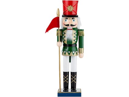 Vianočný luskáčik vojak – zeleno-červená drevená figúrka s vlajkou, výška 38 cm