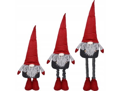 Vianoční škriatkovia s dlhými červenými čiapkami a teleskopickými nohami – sivé textilné postavičky s bradami, výška do 70 cm