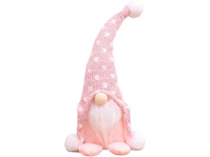 Vianočný škriatok v ružovej pletenej čiapke s bielymi brmbolcami – rozkošná zimná dekorácia s dlhými bielymi fúzmi, výška 30 cm