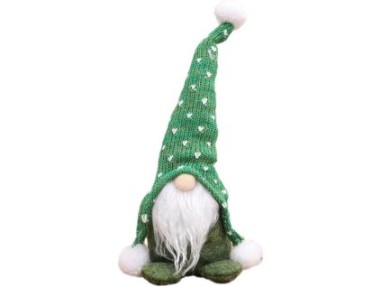 Vianočný škriatok v zelenej pletenej čiapke s bielymi brmbolcami – rozkošná zimná dekorácia s dlhými bielymi fúzmi, výška 30 cm