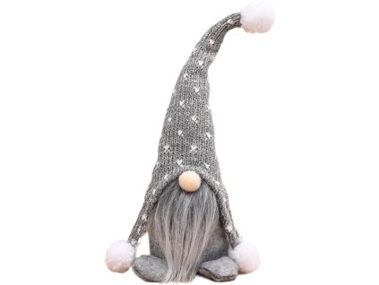 Vianočný škriatok v sivej pletenej čiapke s bielymi brmbolcami – rozkošná zimná dekorácia s dlhými sivými fúzmi, výška 30 cm