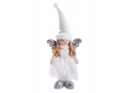 Vianočný anjel v pletenej čiapke – romantická dekorácia v bielostriebornom prevedení s trblietavými krídlami, výška 86 cm