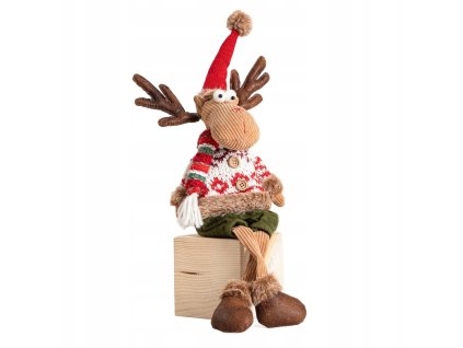 Textilný sob v červenom svetríku s gombíkmi, zelených nohaviciach a čiapke so strapcom – dekorácia 50 cm