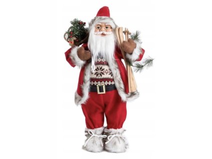 Vianočný Mikuláš so svetríkom a drevenými lyžami – tradičná dekorácia s darčekovým vreckom a kožušinovými detailmi, výška 60 cm
