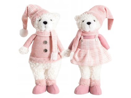 Vianoční medvedíkovia v ružovom oblečení – pár zimných dekorácií z mäkkého materiálu, výška 48 cm