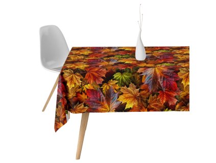Jesenný obrus s motívom farebných javorových listov – teplé odtiene červenej, oranžovej a zlatej pre útulný interiér