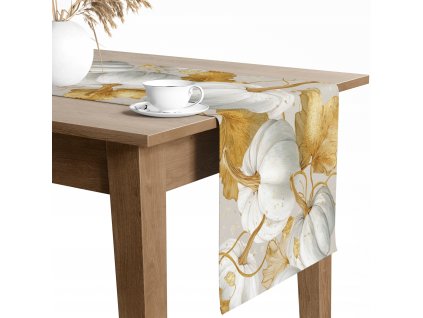 Teflónový behúň s jesenným motívom tekvíc a zlatých listov – detail látky s jemným leskom