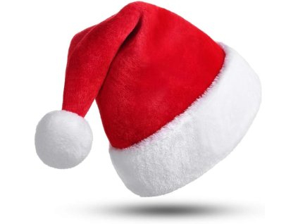 Klasická červená mikulášska čiapka z mäkkého plyšu s bielym lemom a brmbolcom – elegantná sviatočná verzia v tradičných farbách.