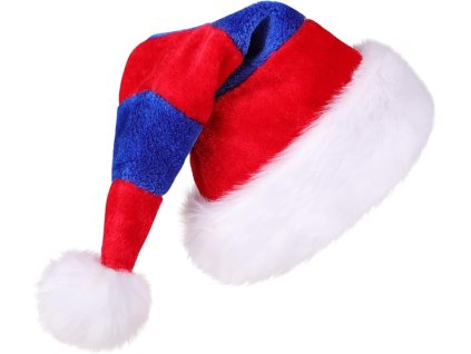 Červeno-modrá mikulášska čiapka z mäkkého plyšu s bielym lemom a brmbolcom – originálny pruhovaný dizajn pre sviatočné chvíle