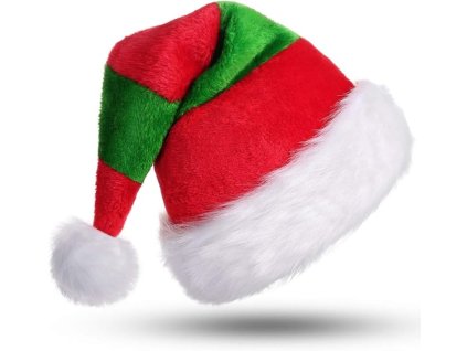 Červeno-zelená mikulášska čiapka z mäkkého plyšu s bielym lemom a brmbolcom – tradičný sviatočný doplnok s moderným pruhovaným dizajnom