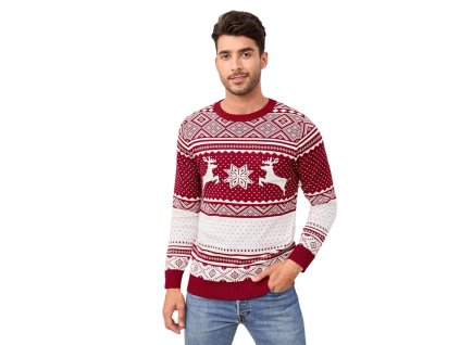 Muž v pánskom vianočnom svetri so sobmi a vločkami – útulná sviatočná atmosféra pri ozdobenom stromčeku