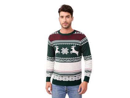Pánsky vianočný sveter so sobmi a vločkami v zeleno-bielej farbe – predný pohľad na zimný vzor s geometrickými detailmi