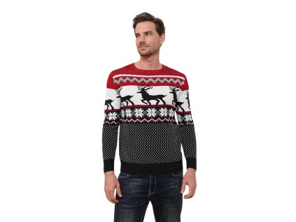 Pánsky červeno-modrý vianočný sveter so sobím motívom a vločkami – elegantný zimný vzor v severskom štýle