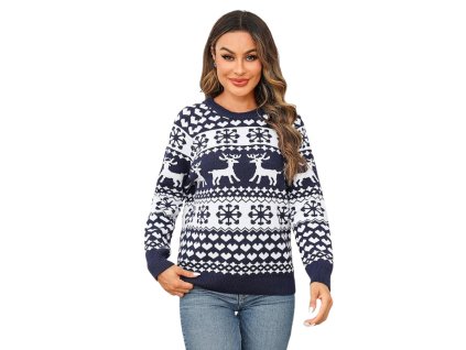 Dámsky modro-biely vianočný sveter so sobím motívom, vločkami a srdiečkami – hrejivý zimný úplet pre sviatočné obdobie