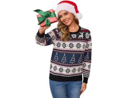 Dámsky čierno-červený vianočný sveter so sobím motívom, stromčekmi a vločkami – hrejivý sviatočný úplet s jemným leskom